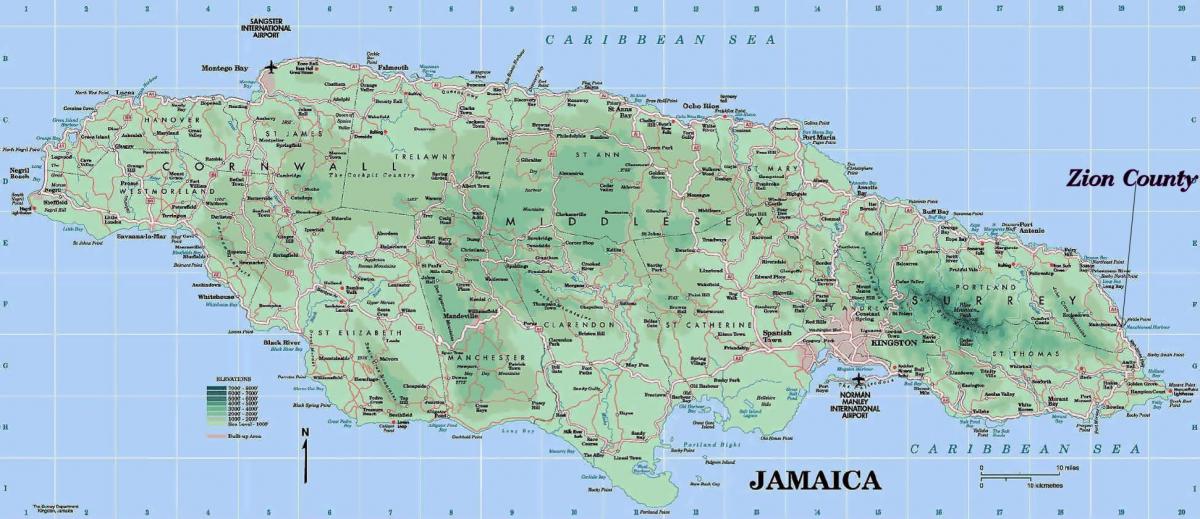 Jamaika fiziki haritası Dağları gösteren 